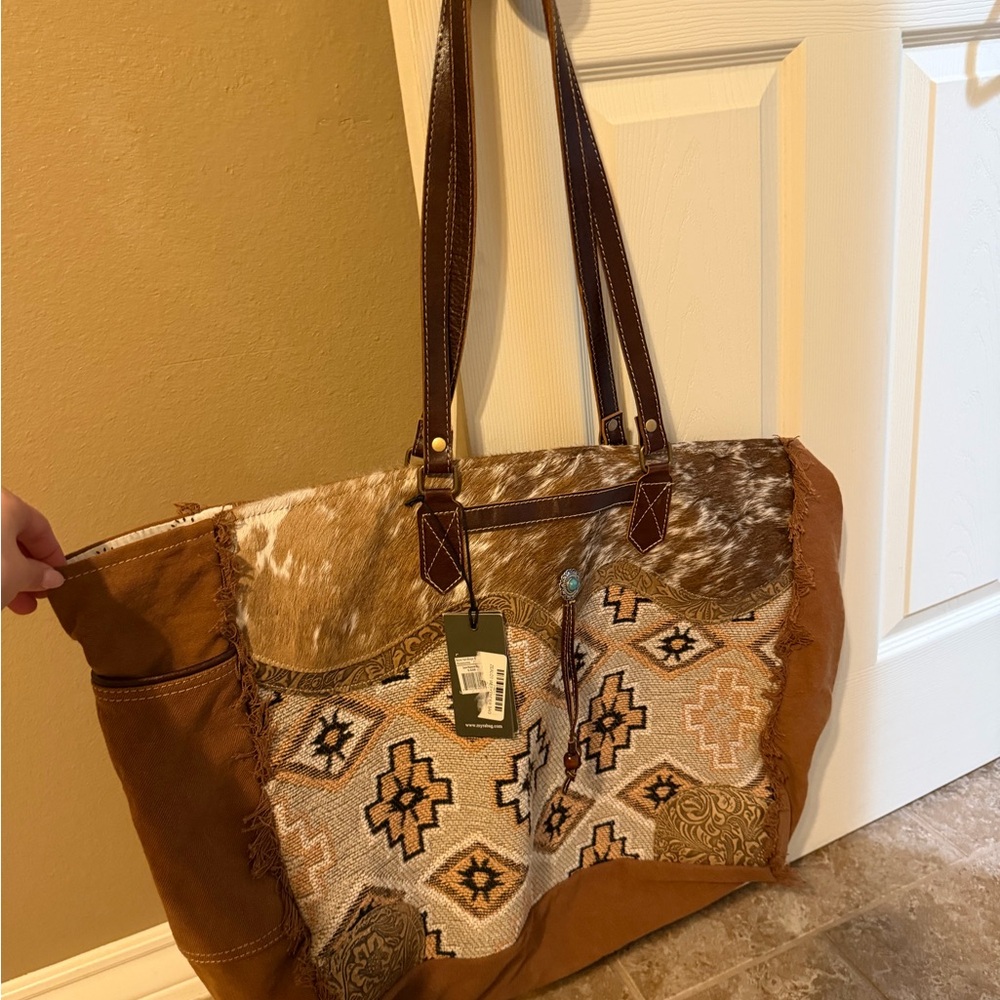 Myra Bag Brown and Cream Geometric Tote
